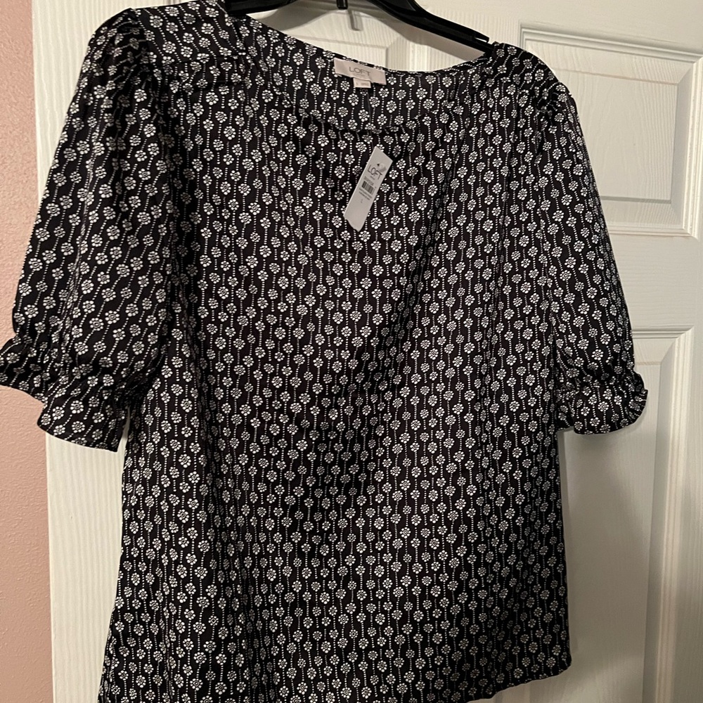 LOFT Black and White Puff Sleeve Boxy Blouse